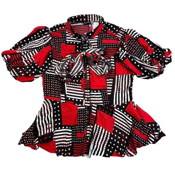 NY&C Peplum Waist Blouse Size XL Red Black Geometric Neck Bow Balloon Sleeve NEW - Picture 3 of 12